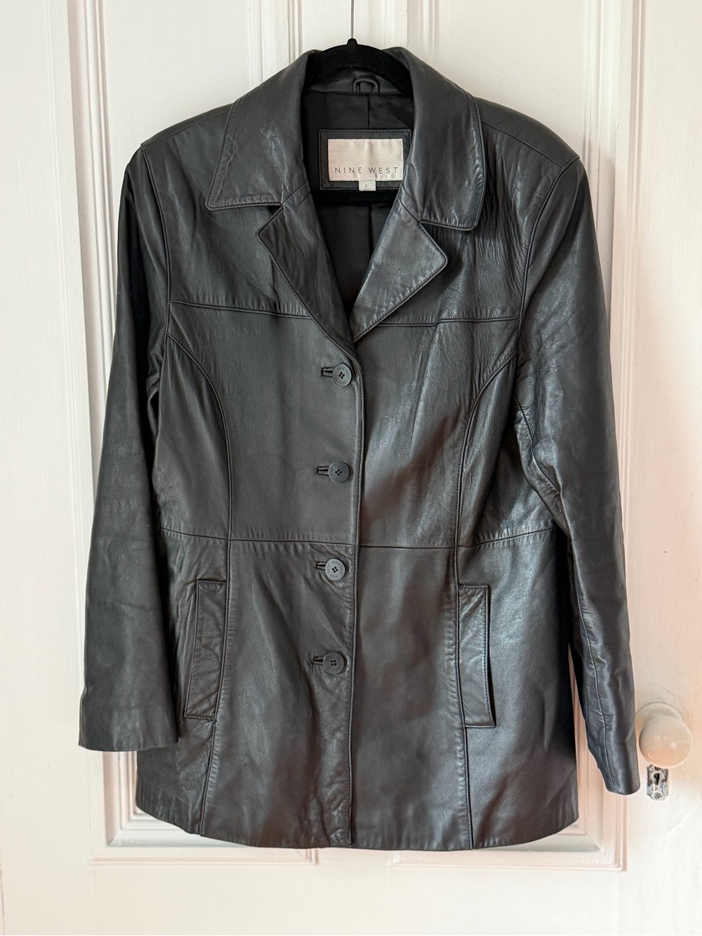 Women’s Nine West Black Leather Button Front Lined Car Coat. Pockets Size Large